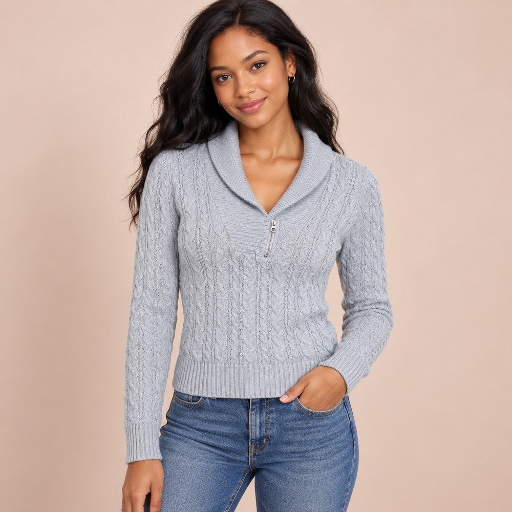Pria Sky Blue Cable Knit Shawl Collar Sweater Women's Small Preppy Cozy Coastal
